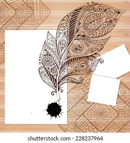 Stylish presentation of business poster, flyer, cover, invitation, design layout template. Folder design content wood background. Decorative ornamental abstract doodle feather, paint stain in vector.