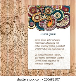 Stylish presentation of business poster, flyer, cover, invitation, design layout template. Folder design content wood background. Decorative ornamental abstract doodle flowers paisley in vector.