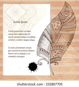 Stylish presentation of business poster, flyer, cover, invitation, design layout template. Folder design content wood background. Decorative ornamental abstract doodle feather, paint stain in vector.
