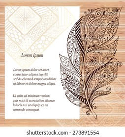 Stylish presentation of business poster, flyer, cover, invitation, design layout template. Folder design content wood background. Decorative ornamental abstract doodle feather, paint stain in vector.