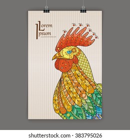Stylish presentation of wall poster, magazine cover, design paper print with rooster. Zentangle design content background or backdrop.