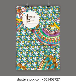 Stylish presentation of wall poster, magazine cover, design paper print template. Flyer or booklet design. Folder zentangle design content background or backdrop.