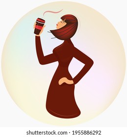 Stylish Pretentious Girl Drinking A Hot Drink. The Woman Is Crazy About Coffee. Lady With A Plastic Cup. Promotion Of Coffee Houses And Bars. Vector Isolated.