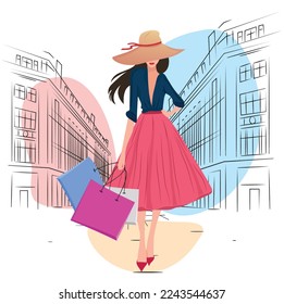 stylish pretty girl on shopping, holding shopping bags and standing at shopping street vector illustration.