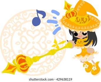 The stylish and pretty witch girl in orange dress