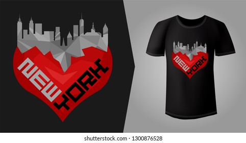 Stylish print for black t-shirt design with silhouette of New York skyscrapers on red heart symbol. T-shirt mock up with symbol of love for New York. Vector illustration.