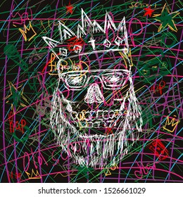 Stylish print drawn by hand. Fashionable skull with crown, glasses and beard on bright abstract background. Colorful vector illustration.