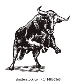 Stylish print engraving bull ready to jump vector.