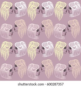 Stylish print for fabric and clothing from beautiful women portraits. Female hairstyle on medium and long hair with elements interlace fashion braids and tail. Glamorous background, wallpaper.
