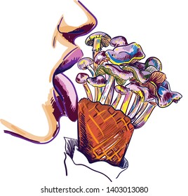 Stylish print girl licks mushroom. Ice cream mushrooms. Hallucinogenic mushrooms. Pop art, cheeky, youth poster.