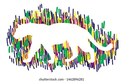 
Stylish print with a leopard silhouette. Multicolored, bright pattern. Stripes, dots pattern.