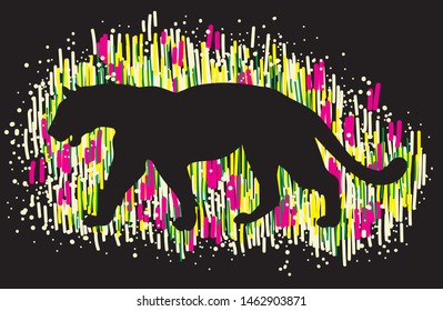 
Stylish print with a leopard silhouette. Multicolored, bright pattern. Stripes, dots pattern.