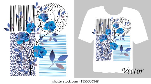 Stylish print on a t-shirt. Abstract, floral arrangement with roses and graphic elements.  Fashionable clothes.