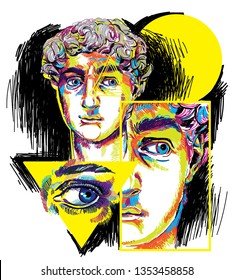 Stylish print with plaster statues. Drawing with multi-colored markers. Male heads, geometric shapes.