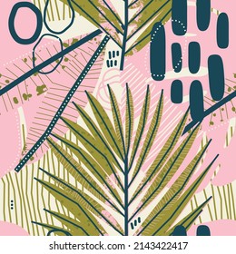 Stylish print, seamless pattern, background with hand-drawn shapes, strokes, doodles, a palm leaf. Stylish vector illustration 