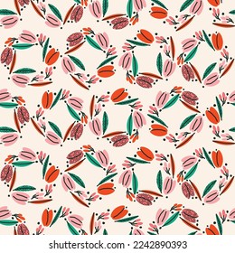 Stylish print, seamless pattern, background with floral wreaths. Cute vector botanical illustration 