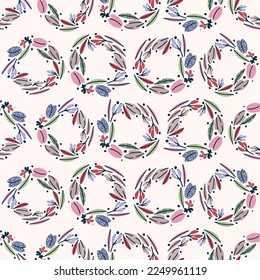 Stylish print, seamless pattern, background with floral wreaths. Cute vector botanical illustration 