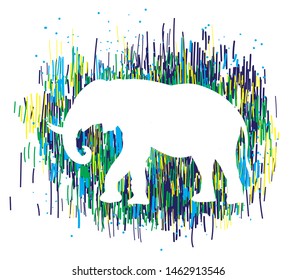 
Stylish print with silhouette of an African elephant. Multicolored, bright pattern. Stripes, dots pattern.