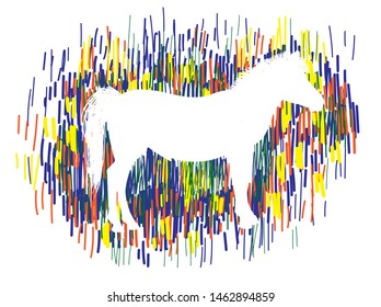 
Stylish print with a silhouette of a horse. Multicolored, bright pattern. Stripes, dots pattern.