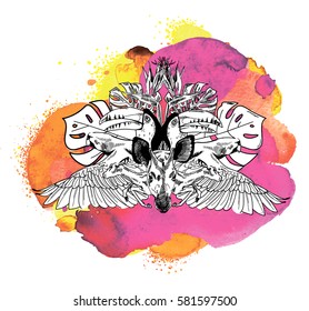 Stylish print in a tropical style. Parrots, toucans, antelope. Tropical plants and flowers. Drawing by hand in vintage style. Drops of ink.