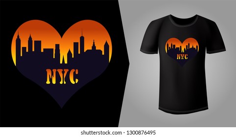 Stylish print for t-shirt design with silhouette of New York skyscrapers on the background of an orange sunset. Cityscape in the shape of a heart. T-shirt mock up with symbol of love for New York.