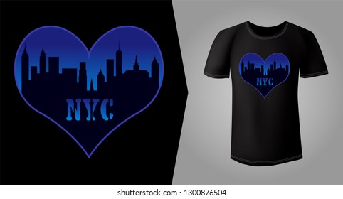 Stylish print for t-shirt design with silhouette of New York skyscrapers on blue night sky background. Cityscape in the shape of a heart. T-shirt mock up with symbol of love for New York.