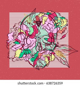 Stylish print for t-shirt. Skull and peones. Color flowers image.Vector illustration EPS10.