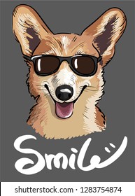 Stylish print of Welsh corgi dog wearing sunglasses in sketch style.