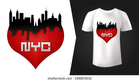 Stylish print for white t-shirt design with black silhouette of New York skyscrapers on red heart symbol. Tee shirt mock up with symbol of love for New York. Vector illustration. Graphics for apparel.