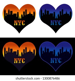 Stylish prints set for t-shirt and other clothes design. Silhouette of New York skyscrapers inside heart symbol. Collection of tee shirt badge with symbol of love for New York. Vector illustration. 