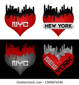 Stylish prints set for t-shirt and other clothes design. Silhouette of New York skyscrapers on red heart symbol. Collection of tee shirt badge with symbol of love for New York. Vector illustration. 