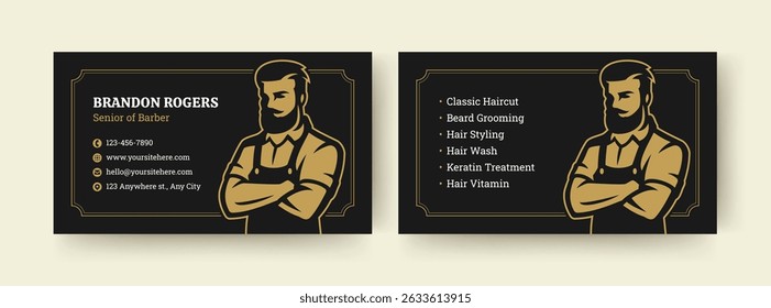 A stylish and professional barber business card template featuring a vintage logo design and essential contact information. Perfect for barbershop branding, print materials, and personal promotion