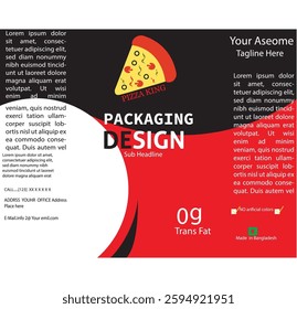  A stylish and professional pizza packaging design template with a modern red, black, and white color scheme. Featuring bold typography, creative layout, and space for essential product details.