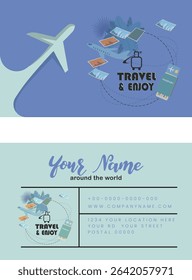 A stylish and professional travel business card template designed for travel agencies, tour guides, booking services, and tourism businesses.