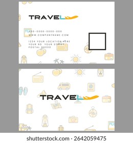 A stylish and professional travel business card template designed for travel agencies, tour guides, booking services, and tourism businesses.