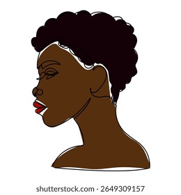 Stylish profile illustration of a woman with short curly hair and bold red lips, exuding confidence and elegance