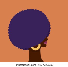 Stylish profile portrait of an African woman with voluminous hairstyle that hides the eyes. Vector flat illustration.	