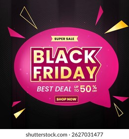 Stylish promotional banner for Black Friday, highlighting discount offers with bold messaging and vibrant colors, appealing for marketing and advertisements during sales events.

