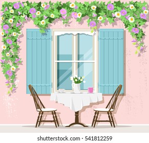 Stylish Provence street cafe exterior: window, table and chairs. Flat style vector illustration. 