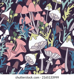 Stylish psychedelic pattern with mushrooms and plants, 60s, 70s. Hippie  stile seamless texture with mushrooms.