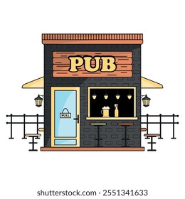 Elegante fachada de pub con mesas al aire libre, Vector
