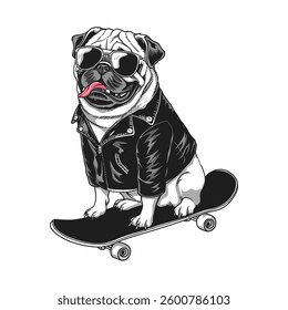 Stylish pug on a skateboard, wearing sunglasses and a leather jacket.