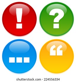 Stylish punctuation mark icons with slight glow. Exclamation point, question mark, ellipses, and quote symbols on colorful circles