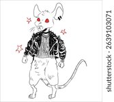 Stylish punk rat. In a leather jacket, torn T-shirt. With a collar with spikes and chains. White rat with red eyes. Vector black and white illustration. Print on clothes, stickers, sketchbooks, cups. 