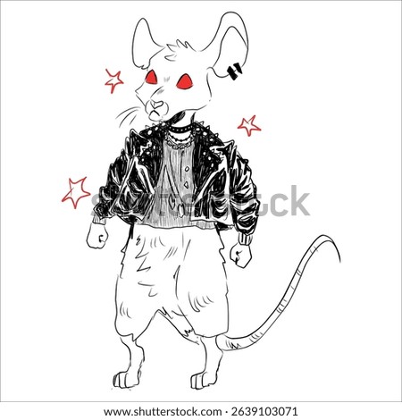 Stylish punk rat. In a leather jacket, torn T-shirt. With a collar with spikes and chains. White rat with red eyes. Vector black and white illustration. Print on clothes, stickers, sketchbooks, cups. 