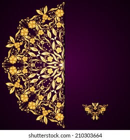 Stylish purple background with gold circular pattern and place for text. Vector illustration.