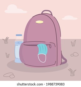 Mochila púrpura elegante con máscara protectora en el bolsillo. Bolsa con una botella de agua en el suelo.  Máscara facial médica en el concepto de vida moderna ilustración vectorial plana.