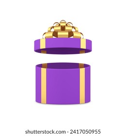 Elegante caja de regalo de círculo violeta con tapa abierta y cinta de arco de lujo Icono 3d vector realista
