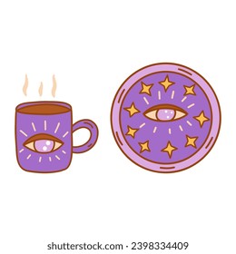 Stylish purple cup and plate with third eye and yellow stars. Mug with hot drink. Theme of spirituality and awareness. Kitchen utensils. Colorful vector isolated illustration hand drawn doodle