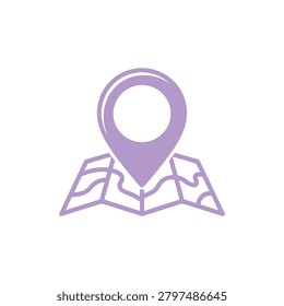 A stylish purple location pin resting on a folded map design symbolizing navigation and discovery